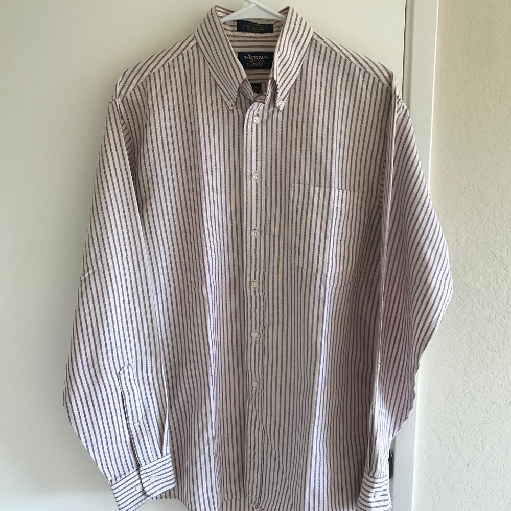 Arrow Gold Maroon Striped OxfordDress Shirt Medium